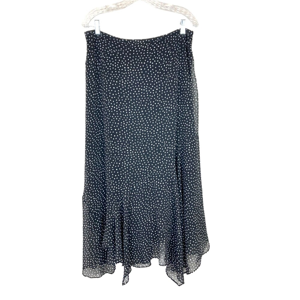 Cabi Sinatra Maxi Skirt Size 12 Black White Polka Dot Boho Asymmetrical Flowy